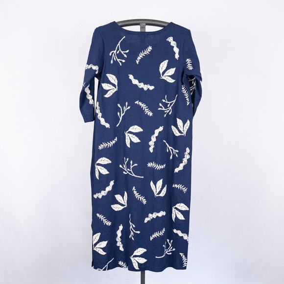 M MAC Botanical Print Shift Dress Blue LARGE Earthy Leaf Boho Casual Lagenlook - Picture 3 of 5